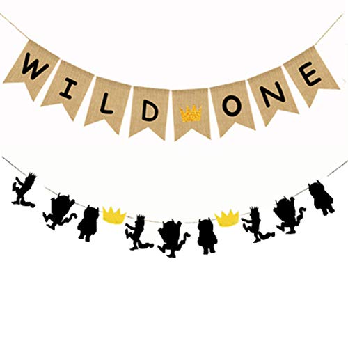 CaJaCa 1st Birthday Gold and Black Glitter Where the Wild Things Are Inspired Banner Wild One Birthday Party Baby Shower Photo Prop Decorations