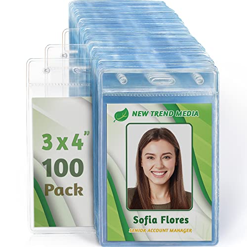 EcoEarth Vertical Name Badge Holders with Soft Edge (Large 3x4, 100 Pack) Clear Plastic Pouch for ID Name Tags, Conference Nametag Sleeves, No Zipper for Quick and Easy Loading of Card Inserts