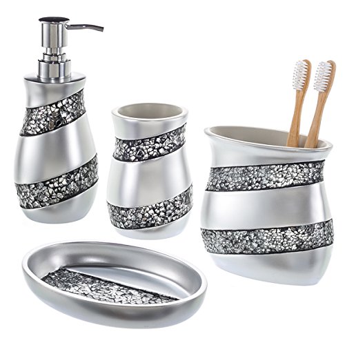 Book Cover Creative Scents Bathroom Accessories Set, 4-Piece Silver Mosaic Glass Luxury Bathroom Gift Set, Includes Soap Dispenser, Toothbrush Holder, Tumbler & Soap Dish - Finished in Stunning Silver