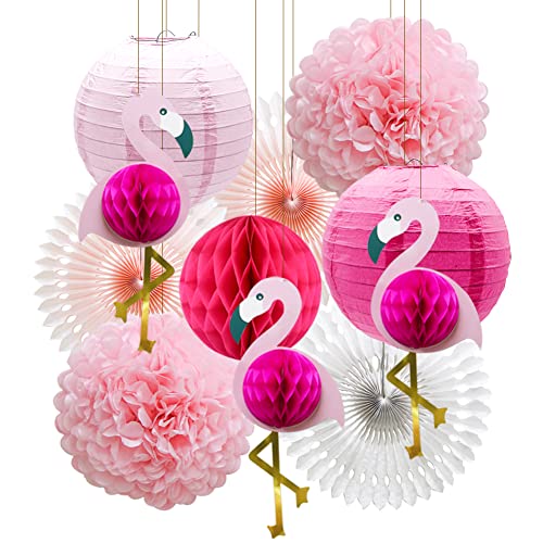 Tropical Pink Flamingo Party Honeycomb Decoration, Pom Poms Paper Flowers Tissue Paper Fan Paper Lanterns for Hawaiian Summer Beach Luau Party