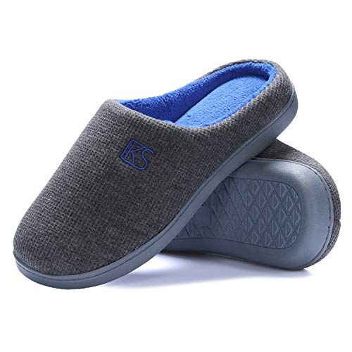Book Cover K KomForme Slippers for Men Memory Foam Home Shoes Cozy House Slippers Non-Slip Rubber Sole Grey & Navy 8.5-9M US