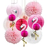Tropical Pink Flamingo Party Decorations, Pom Poms Honeycomb Balls Paper Flowers Tissue Paper Fan Paper Lanterns for Birthday Hawaiian Luau Summer Beach Bachelorette Party
