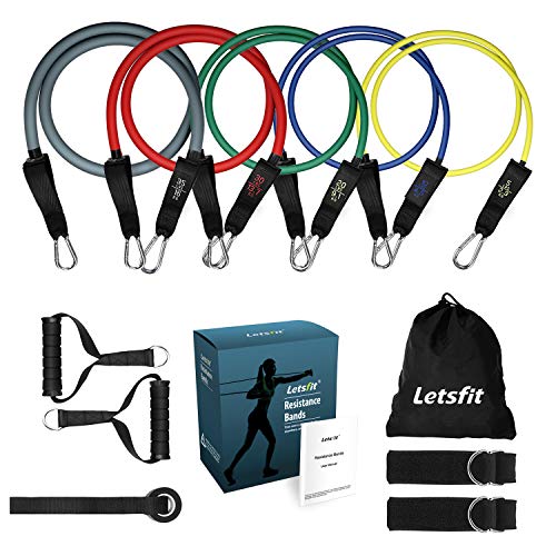Letsfit Resistance Bands Set, Exercise Bands with Handles, Training Tubes with Door Anchor & Ankle Straps for Resistance Training, Physical Therapy, Home Workout, Yoga, Pilates Stackable up to 100 lbs