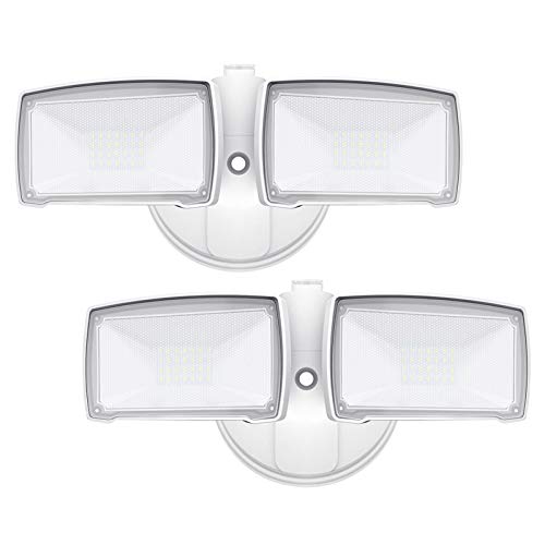 LEPOWER 2 Pack LED Security Light Dusk to Dawn Outdoor Flood Light Fixture with 2 Adjustable Heads, 3000LM/28W, 5500K, IP65 Waterproof Exterior Flood Lights for Garage, Backyard (White)