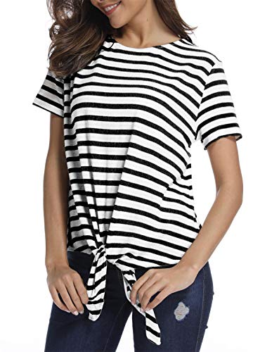 Book Cover SINRGAN Women's Short Sleeve Tie Front Knot Striped Casual Loose Fit Tee T-Shirt