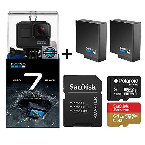 Book Cover GoPro Hero 7 Black Edition with Two Extra GoPro USA Batteries + Sandisk Extreme 64GB MicroSD + Free Polaroid 16GB MicroSD (80GB Total)