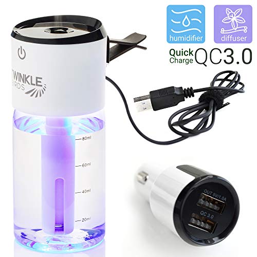 Car Humidifier Vent Clip and Dual Car Charger with QC 3.0 Port - USB Ultrasonic Oil Diffuser with Bottle for Home Office - Portable Cool Mist Humidifier(White)