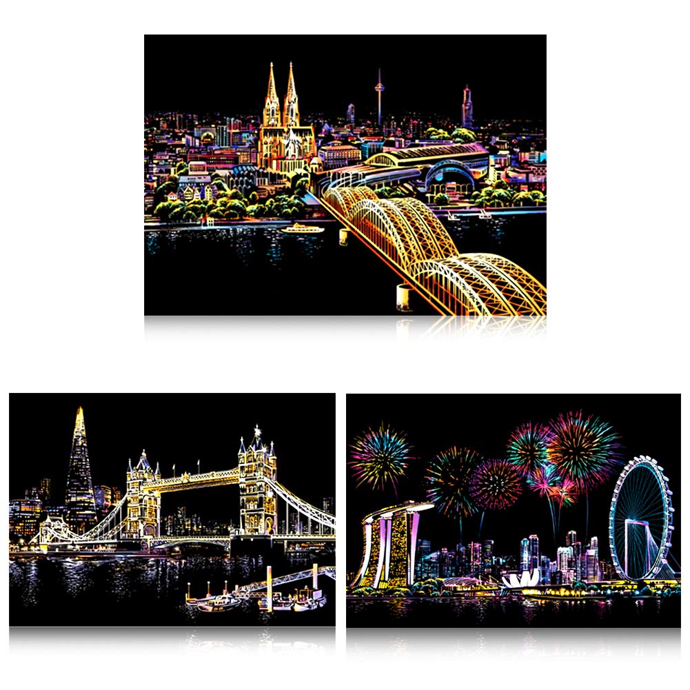 Crafts Graphy Scratch Art Paper Rainbow Painting Sketch Pad for Adults Night View - 3 Packs, 16 X 11.5 Inches