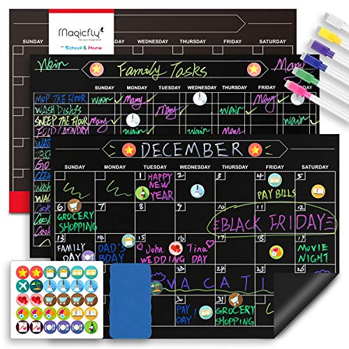 Magnetic Behavior Chalkboard Rewards Chore Chart & Dry Erase Calendar Set, 12" x 17" Reusable Responsibility Refrigerator Reward Incentive Magnets for Multiple Kids with Markers & Icons