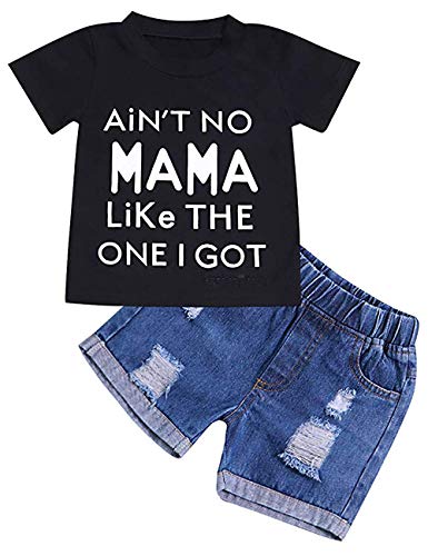 GRNSHTS Baby Boy Girl Letter Clothes Summer Short Sleeve Tops Denim Pants Shredded Jeans Outfit