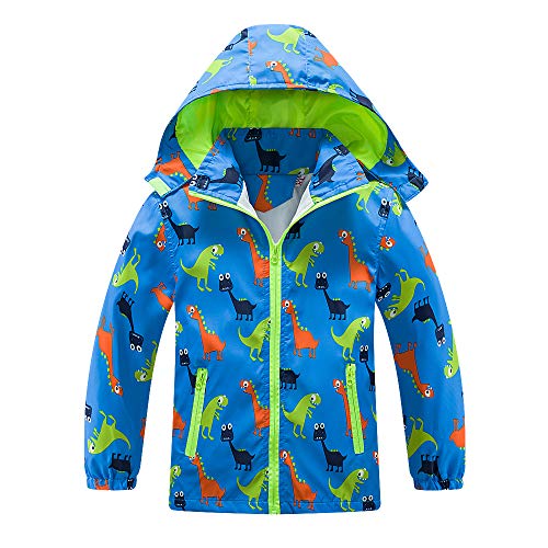 Sowllars Boys Girls Rain Jacket, Outdoor Lightweight Dinosaur Raincoats Kids Detachable Hooded Jacket with Mesh Liner