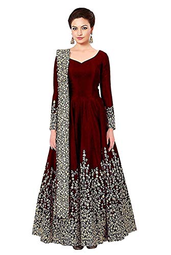 BRIDAL4Fashion Women's Taffeta Silk Semi Stitched Maroon Anarkali Long Gown (Free Size) (Maroon)