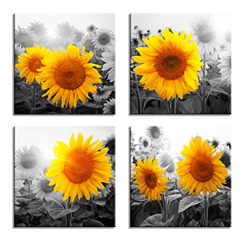 Canvas Wall Art for Living Room Bathroom Wall Decor for Bedroom Kitchen Artwork Canvas Prints Sunflower Flowers Painting 12" x 12" 4 Pieces Modern Framed Office Home Decorations Family Picture