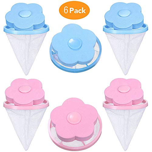 PIVBY Dog Cat Pet Fur Remover Hair Catcher Reusable Washing Machine Floating Lint Mesh Bag Portable Washer Lint Catcher, Hair Filter Net Pouch 6 Pieces (Blue & Pink)