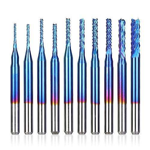 SainSmart Genmitsu 10Pcs Nano Blue Coat End Mill CNC Router Bits, 0.8-3mm, 1/8" Shank
