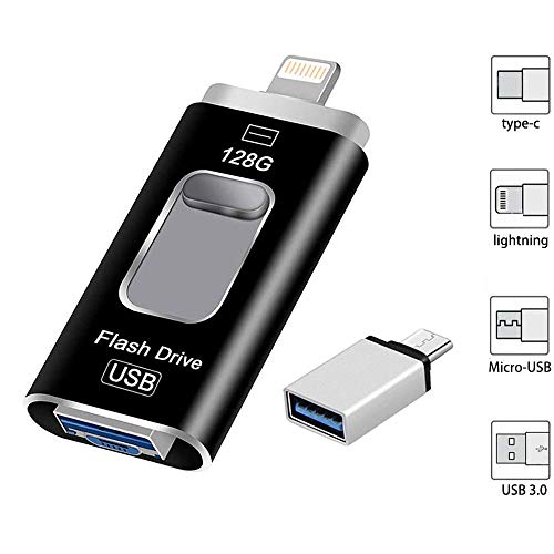 128GB Flash Drive for iPhone, Hterepi USB External Storage Memory Photo Stick 4 in 1 OTG Drive Compatible for iPhone,iPad,iPod,Mac,Android and Computer (Black) ...