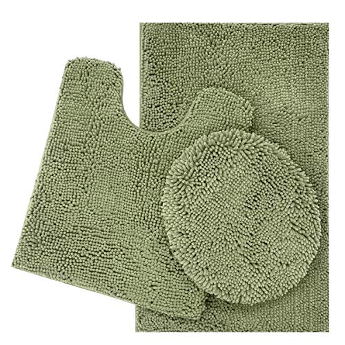 ITSOFT 3pc Non-Slip Shaggy Chenille Bathroom Mat Set, Includes U-Shaped Contour Toilet Mat, Bath Mat and Toilet Lid Cover, Machine Washable, Sage Green