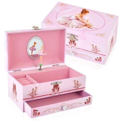 Sweet Musical Jewelry Box with Pullout Drawer and Dancing Ballerina Girl Figurines Music Box Jewel Storage Case for Girls
