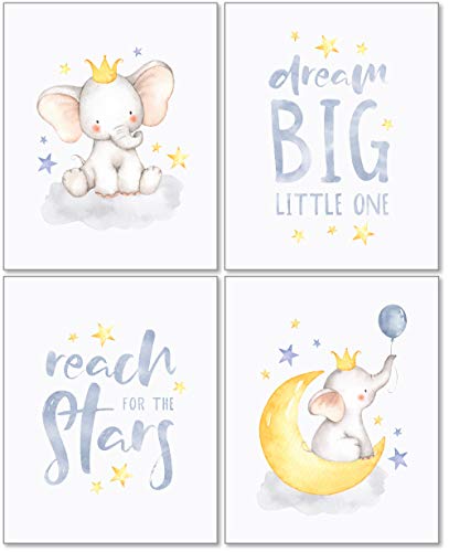 Confetti Fox Elephant Dream Big Baby Nursery Wall Art Decor, Lullaby Twinkle Star Moon Quotes (8x10 Unframed Set of 4 Prints)