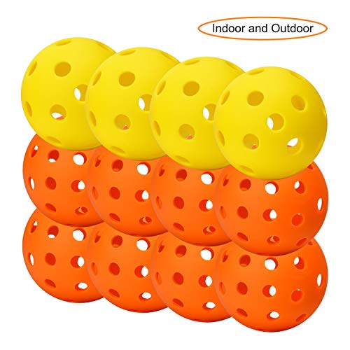 SHOWPIN Outdoor and Indoor Pickleball Balls, Stable Straight Flight Mood, Perfect Bounce and Durable - 4 Yellow Indoor Balls and 8 Orange Outdoor Balls