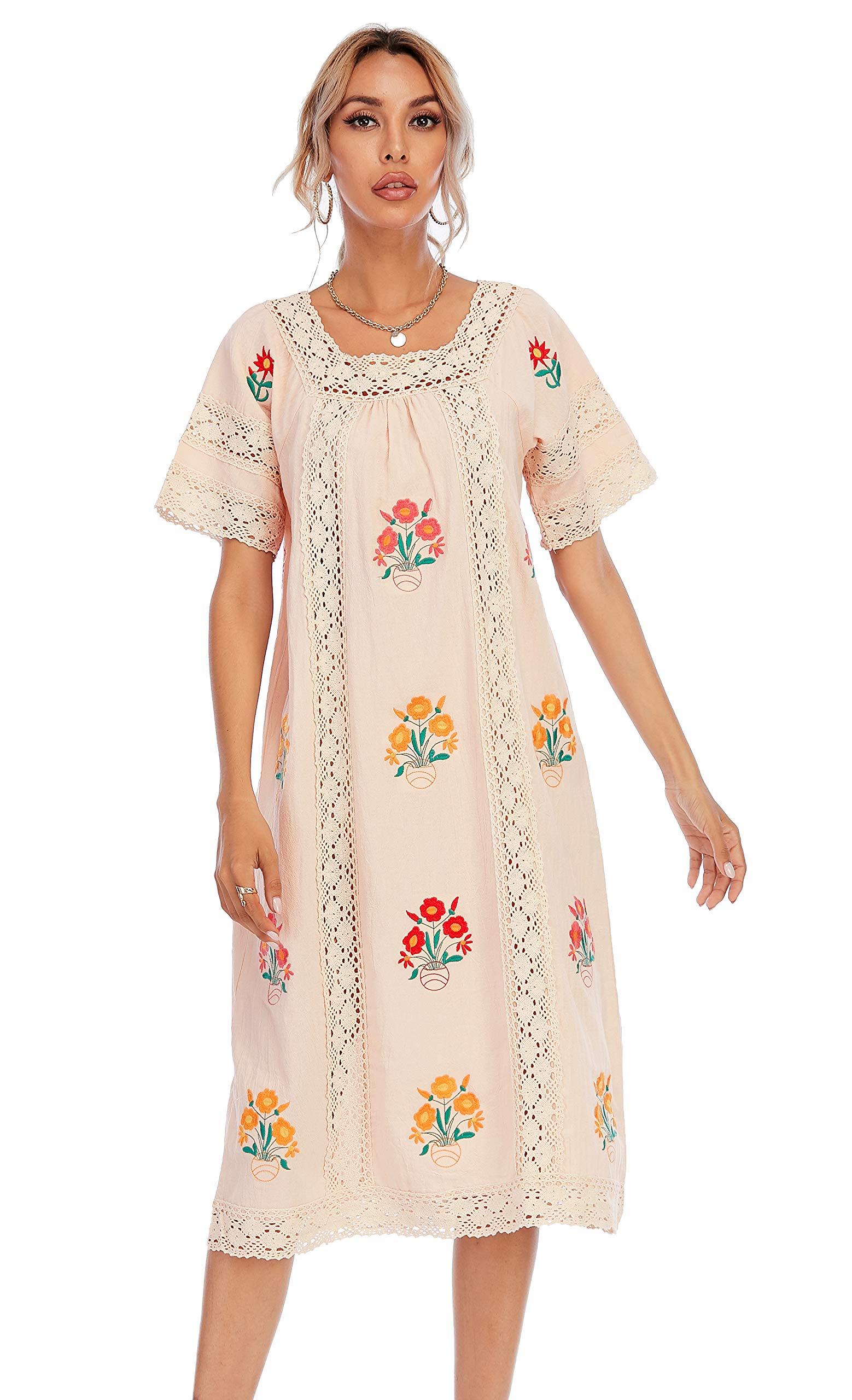 R.Vivimos Women Short Sleeve Summer Floral Embroidery Lace Hollow Out Bohemian Cotton Linen Midi Dresses Small Beige