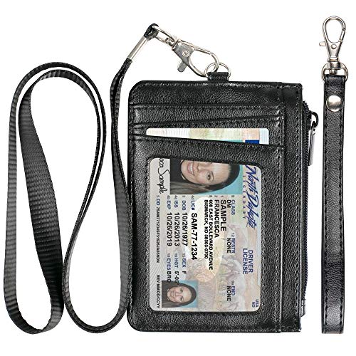 Teskyer Badge Holder with Side Zip Pocket, Multiple Card Slots Leather ID Holder Wallet with Neck Lanyard for Office Staffs, Teachers/Students, Couriers, Workers, Purple