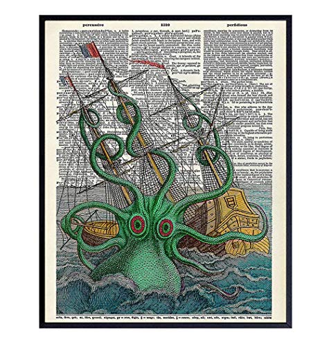 Kraken Octopus Dictionary Art - 8x10 Upcycled Vintage Nautical Decoration - Lake, Sea, Ocean and Beach House Decor - Gift for Steampunk Goth Fans - Unframed Retro Photo Poster Picture Print