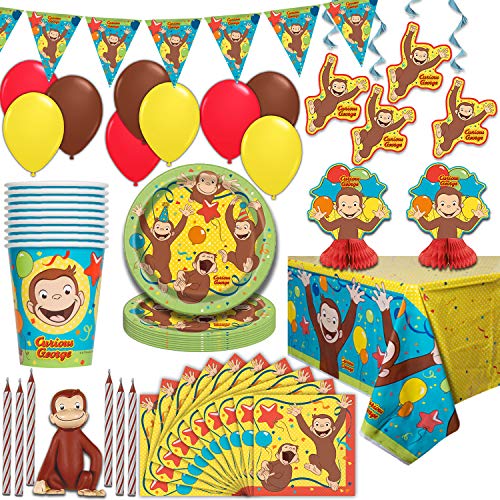 Curious George Party Supplies, Serves 16 - Plates, Napkins, Tablecloths, Cups, Balloons, Hanging Decorations, Centerpieces, Flag Banner, Candles, Cake Topper - Full Tableware set for birthday parties and more