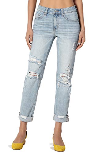 TheMogan Distressed Girlfriend Straight Relaxed Roll Up Jeans in Light Blue Wash