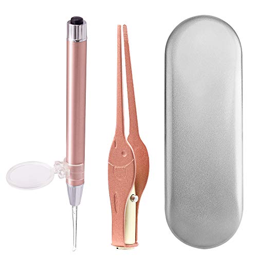 Ear Wax Removal Tool Kit with Magnifier and Light (Ear Pick & Tweezers), Earwax Cleaner Set with Gift Storage Box for Ear Care & Cleaning, Ear Spoon Picker Products Earpick for Adults & Kids (Pink)