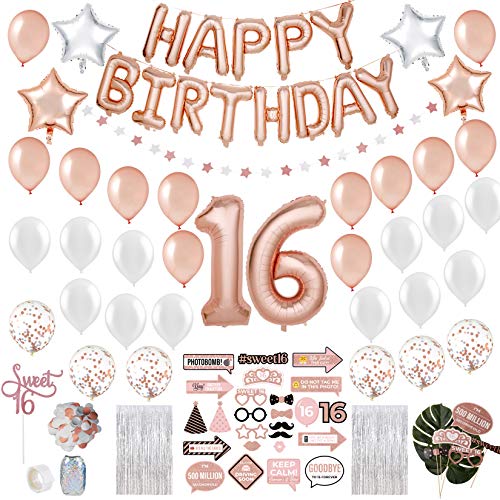 Sweet 16 Party Supplies WITH Photo Booth Backdrop and Props -Rose Gold Sweet 16 Decorations - 16th Birthday Party Supplies WITH Happy Birthday Banner, 16, Confetti and Mylar Balloons|Sweet Sixteen