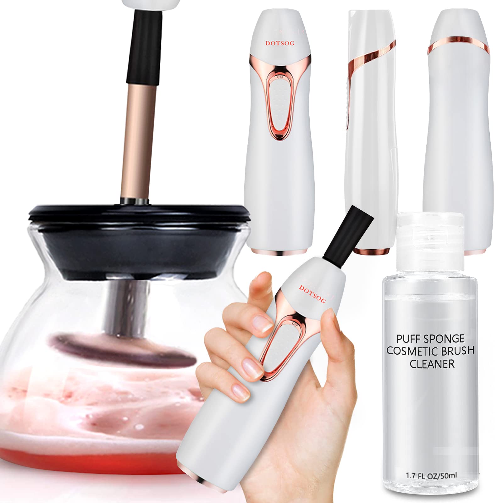 DOTSOG Makeup Brush Cleaner and Dryer Machine with FREE Makeup Cleaner Shampoo Super-Fast Electric Brush Cleaner Machine Automatic Brush Cleaner Spinner Makeup Brush Tools (White)