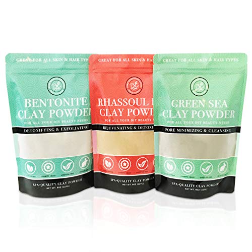 Bentonite (Indian Healing), Moroccan (Red Rhassoul), and Green (French-Sea) Clay Powder - 3 Multipak/Set 8 oz Each - for Making Mud Masks for Skin, Hair, Face and Body by Bare Essentials Living