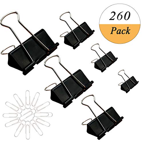 160pcs Binder Clips + 100pcs Paper Clips Clamp for Paper Binder Assorted Sizes (Black)