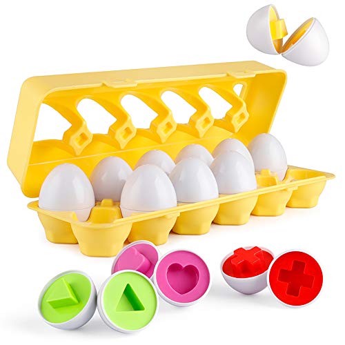 Coogam Matching Eggs 12 pcs Set Color & Shape Recoginition Sorter Puzzle for Easter Travel Bingo Game Early Learning Educational Fine Motor Skill Montessori Gift for 1 2 3 Years Old Toddlers Baby Kids