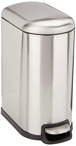 Book Cover Amazon Basics 10 Liter / 2.6 Gallon Soft-Close, Smudge Resistant Trash Can with Foot Pedal for Narrow Spaces - Brushed Stainless Steel