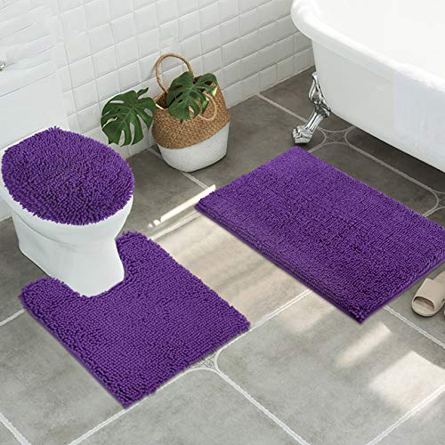 ITSOFT 3pc Non-Slip Shaggy Chenille Bathroom Mat Set, Includes U-Shaped Contour Toilet Mat, Bath Mat and Toilet Lid Cover, Machine Washable, Lilac