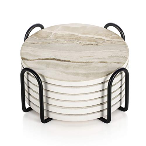 LIFVER Drink Coasters with Holder, Absorbent Coaster Sets of 6, Marble Style Ceramic Drink Coaster for Tabletop Protection,Suitable for Kinds of Cups, Wooden Table,4 Inches