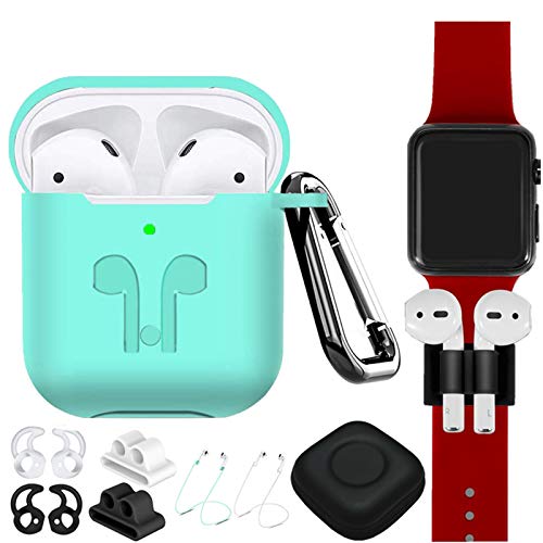 AirPods Case Cover Compatible Apple Airpods 2 & 1[Front LED Visible],9 in 1 Kits Airpods Accessories Protective Silicone Skin with Airpods Watch Band Holder/Ear Hook/Strap/Clip/Keychain-Green