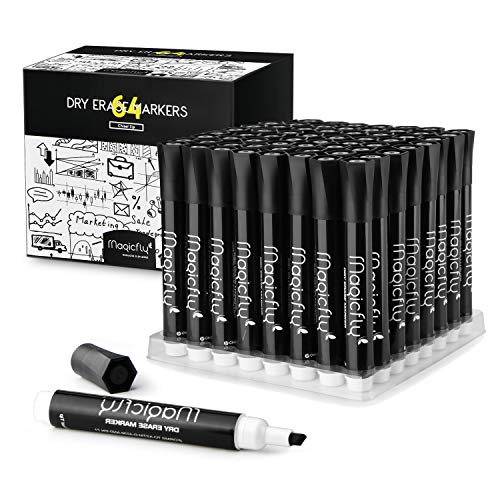 Magicfly Dry Erase Markers with Chisel Tip, Pack of 64, Low-Oder Ink Black Colored Dry Erase Markers, Whiteboard Pen Perfect for School, Office, Home, Art Supplies