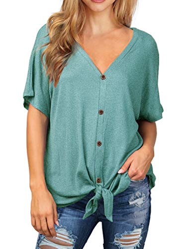 IWOLLENCE Women's Waffle Knit Tunic Blouse Tie Knot Short Sleeve Henley Tops Loose Fitting Bat Wing Shirts