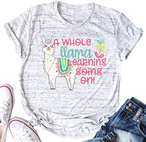 NENDFY A Whole Llama Learning Going On Teacher Shirt Women Llama Branch Graphic Tees Casual Letters Print Casual Tops - Grey - Medium
