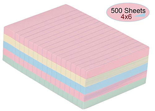 1InTheOffice Sticky Notes 4x6, Lined Assorted Pastel Color Self-Stick Notes 4" x 6" 100 Sheets - 5/Pack