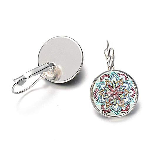 Vintage Retro Women Glass Round Flower Ear Stud Pierced Earrings Fashion Jewelry (Antique Silver)
