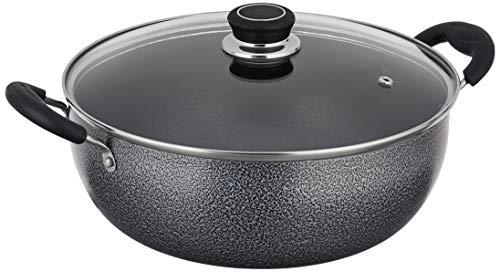 Amazon Brand - Solimo Non Stick Kadhai with Glass Lid (26 cm, Hammertone finish, 3 coat, 2.9mm thickness), 4 Liters, Aluminium, Black