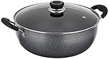Amazon Brand - Solimo Non Stick Kadhai with Glass Lid (26 cm, Hammertone finish, 3 coat, 2.9mm thickness), 4 Liters, Aluminium, Black