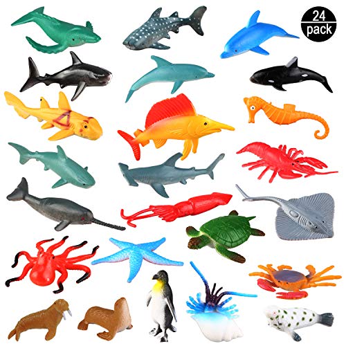 Sea Ocean Animals Plastic Pool Toys Set (24 Pack) for Party Favor Supplies - Display Model Play Set Realistic Deep Sea Animal Figures Birthday Gifts with Turtle Octopus Shark for Children Education
