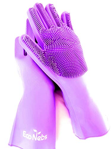 Econebs Reusable Silicone Dishwashing Gloves, Pair of Rubber Scrubbing Gloves for Dishes, Wash Cleaning Gloves with Sponge Scrubbers for Washing Kitchen, Bathroom, Car & More