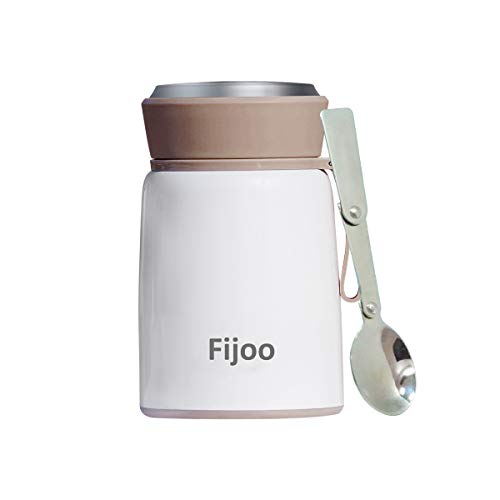 Best Stainless Steel Food Jar Soup Thermos with Folding Spoon - Fijoo Triple Wall Vacuum Insulated Hot & Cold Storage, Silicone Carry Strap, Food Grade, Unbreakable, Leak Proof, BPA Free 16oz (White)