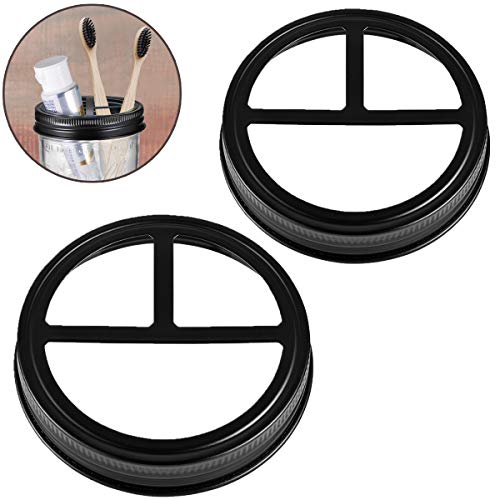 Mason Jar Toothbrush Holder Lid - Rustproof 304 Stainless Steel - for Ball Mason Jar or Any Wide Mouth Pint. 16oz. Jar - Farmhouse Decor Bathroom Accessories Set/2-Pack (Jars not Included) (Black)
